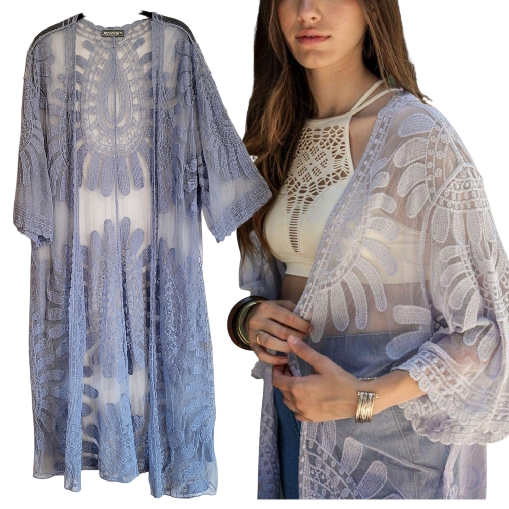 Indigo Blue L/XL Mesh Cotton Open Front Embroidered Duster Kimino Swim Cover